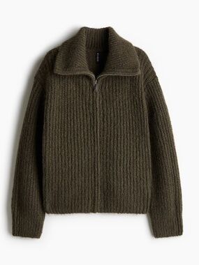 H&M Zip Up Rib Knit Cardigan XL Dark Khaki Green NWOT